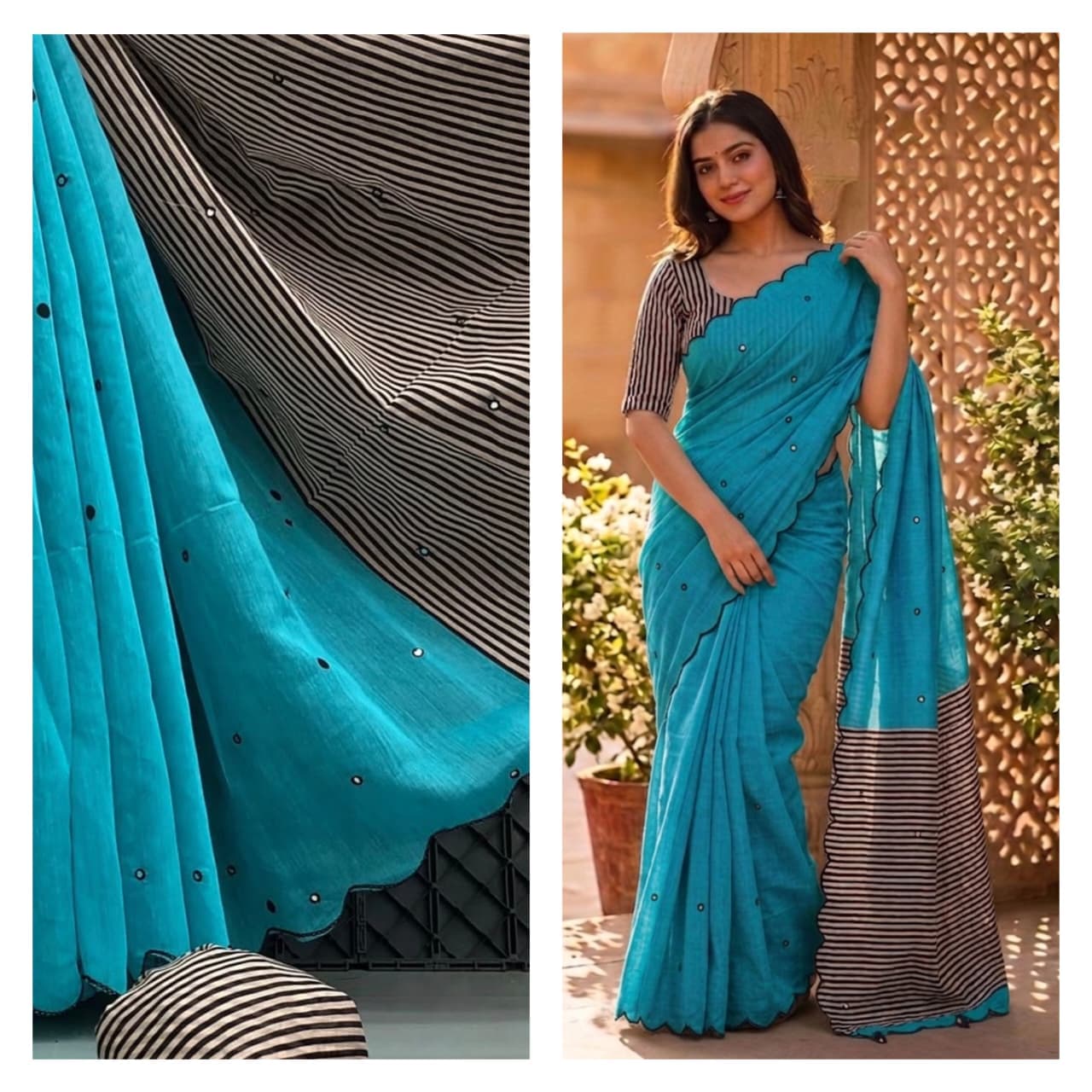 eal Blue Linen Cotton Saree