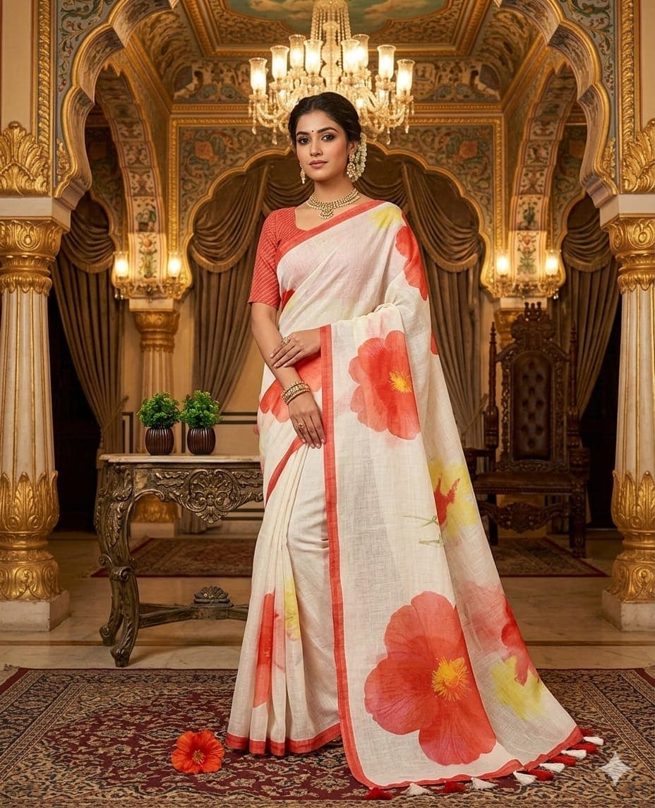 Soft Linen Saree with Checks Pattern and floral design with Blouse
