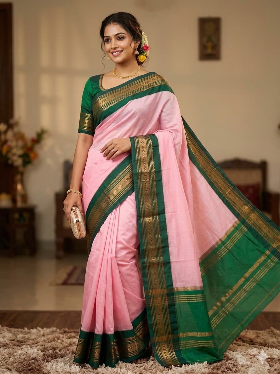 Korvai-border silk cotton saree