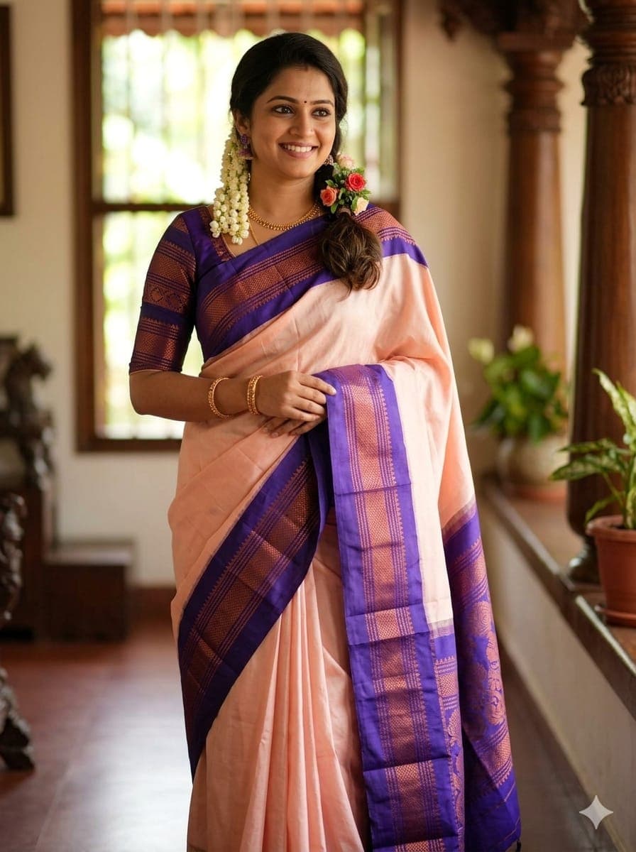Peach and Purple Korvai Border Silk Cotton Saree,