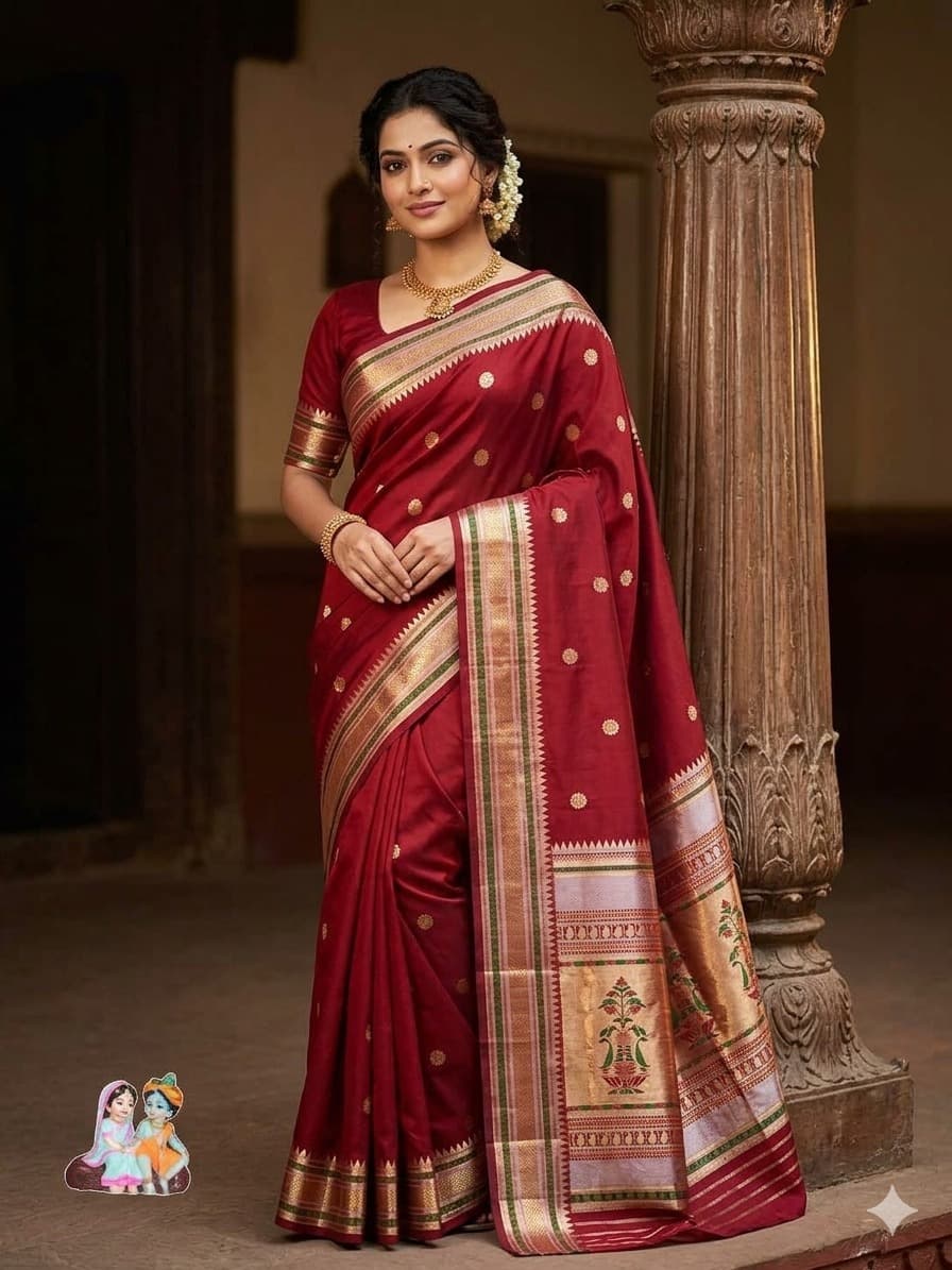 The saree in the image is a traditional Maroon Paithani Silk Blend Saree featuring all-over circular gold zari butis