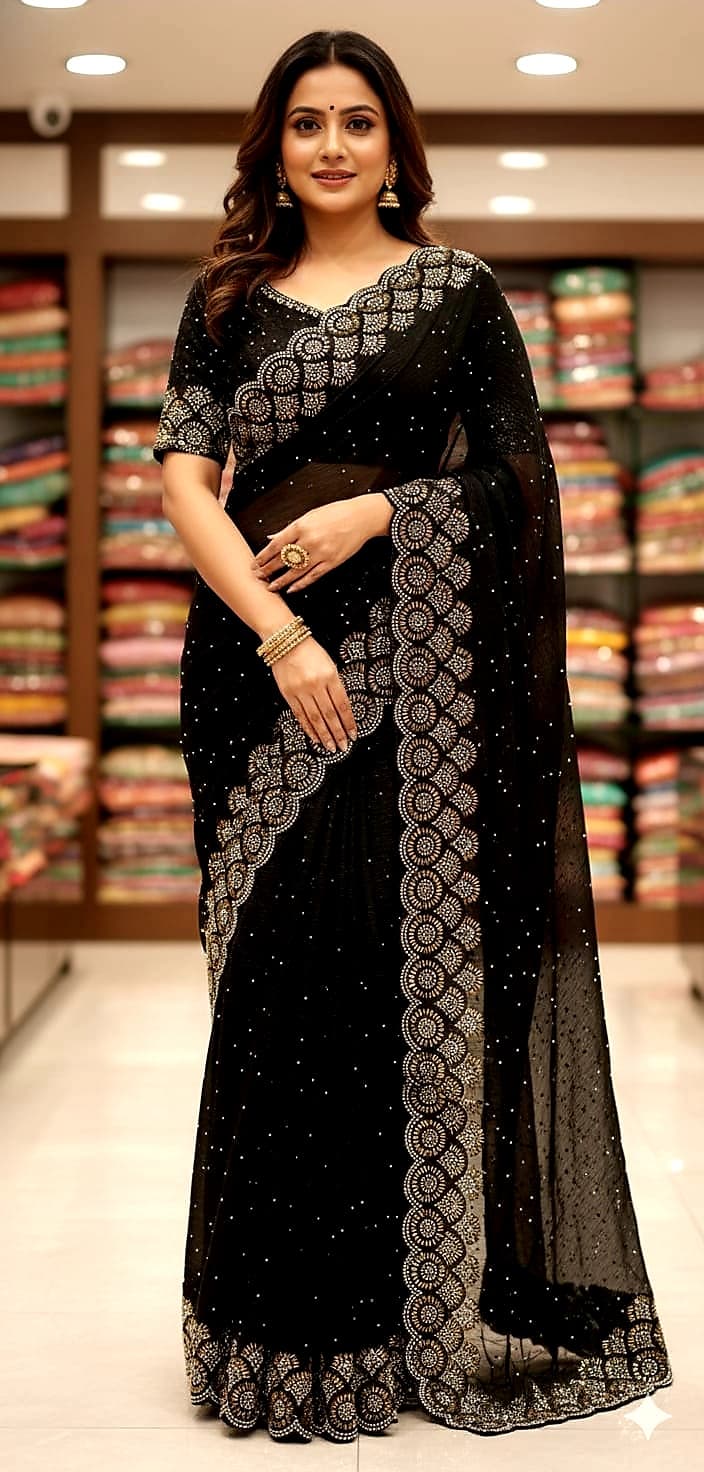 luxury party-wear saree Siroksy stone work, cutwork borders, and matching embellished blouse.