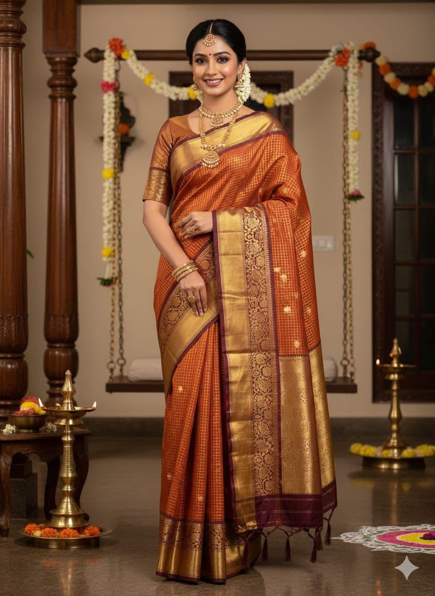 vibrant orange Banarasi / Semi Kanchi soft silk saree